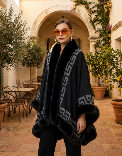 Poncho Cape Femme Rayé Col Fausse Fourrure – Cape Cachemire Chaude Hiver