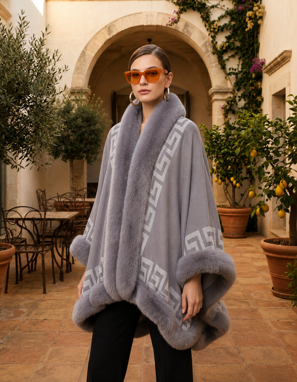 Poncho Cape Femme Rayé Col Fausse Fourrure – Cape Cachemire Chaude Hiver