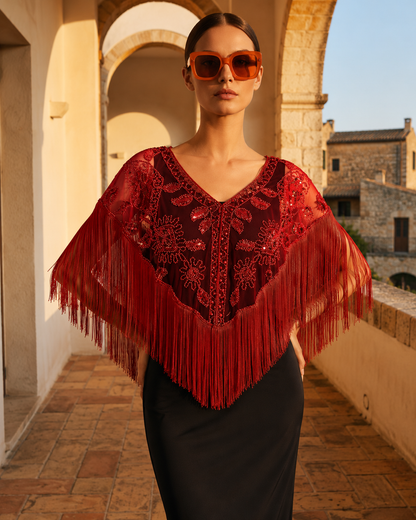 Poncho Femme à Paillettes et Glands – Cape de Soirée Glamour Festive