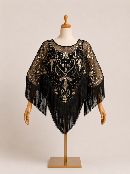 Poncho Femme à Paillettes et Glands – Cape de Soirée Glamour Festive