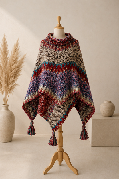 Poncho Femme Bohème Vintage à Pompons – Cape à Franges Motifs Fleuris