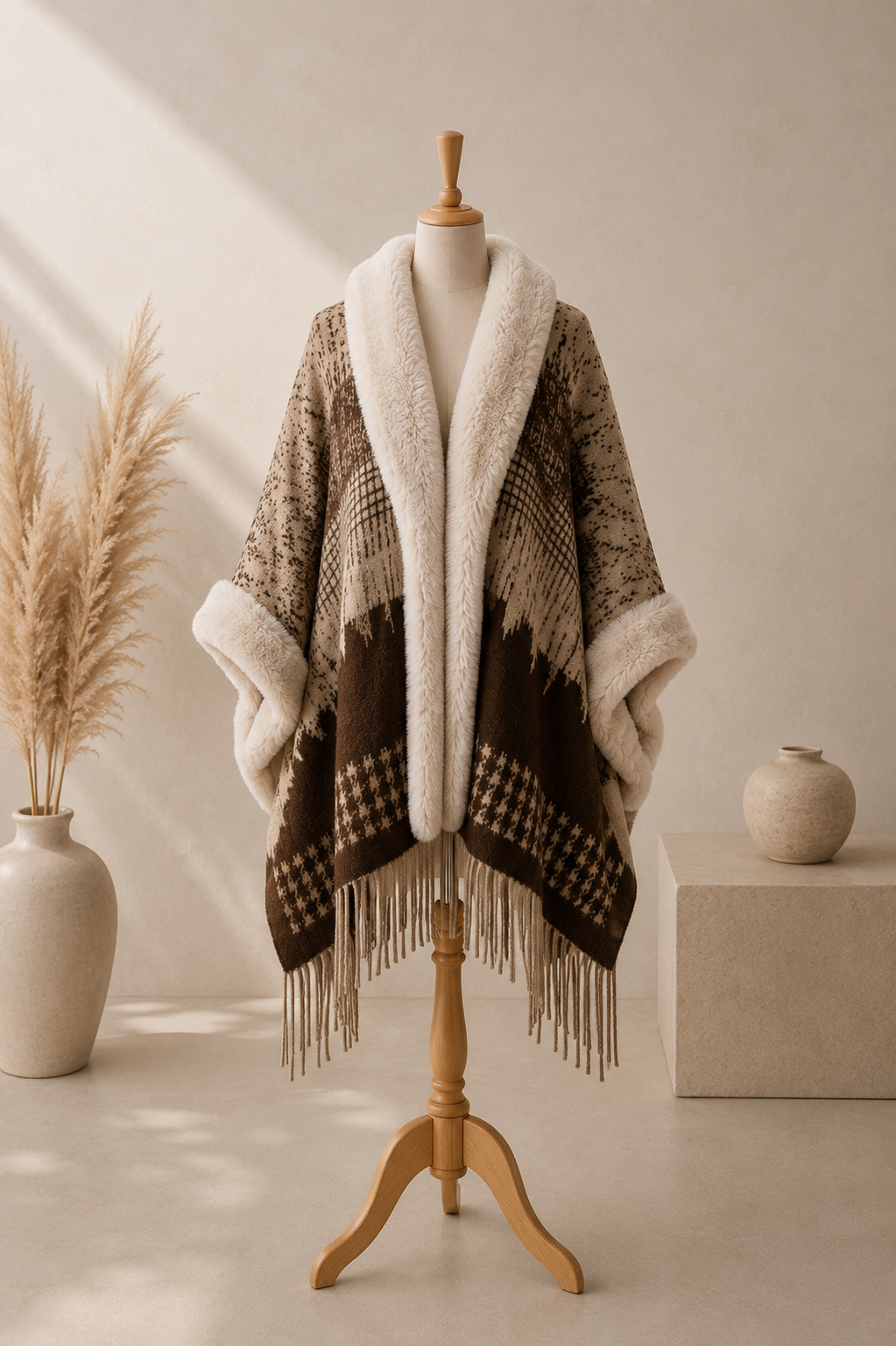 Poncho Femme Grande Taille en Cachemire – Col Fausse Fourrure Chaud Hiver