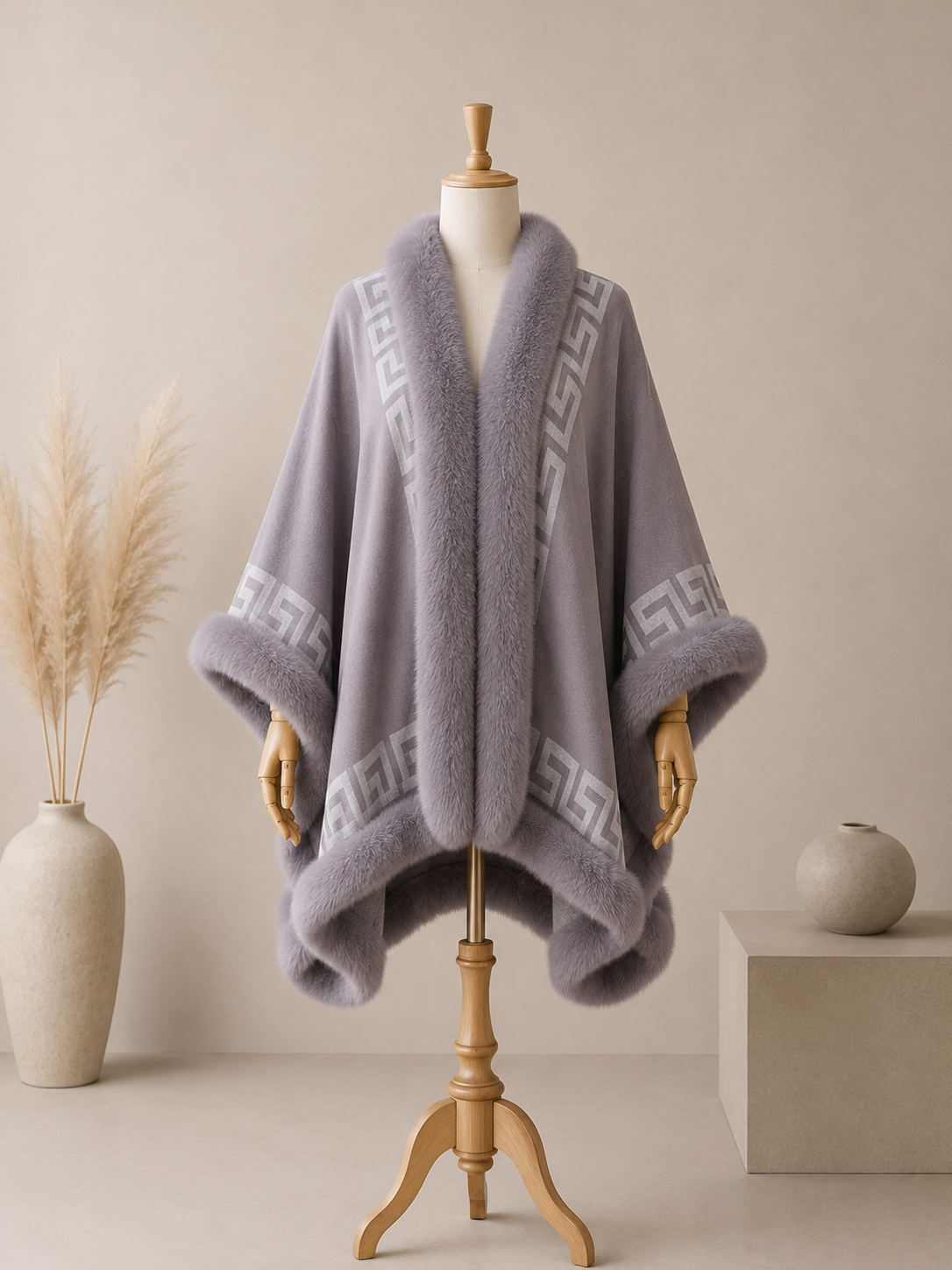 Poncho Cape Femme Rayé Col Fausse Fourrure – Cape Cachemire Chaude Hiver