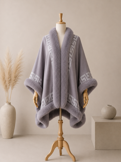 Poncho Cape Femme Rayé Col Fausse Fourrure – Cape Cachemire Chaude Hiver