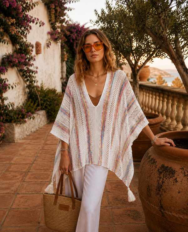 Cardigan Femme Bohème Ajouré à Pompons – Châle de Plage Léger d'Été