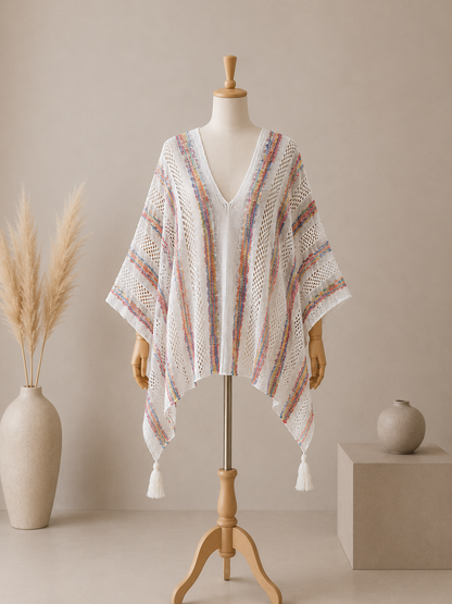 Cardigan Femme Bohème Ajouré à Pompons – Châle de Plage Léger d'Été