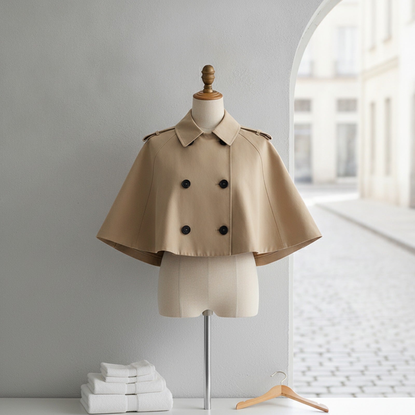 Manteau poncho trench pour femme à col cape, double boutonnage, revers court, manches courtes, coupe ample, style streetwear décontracté