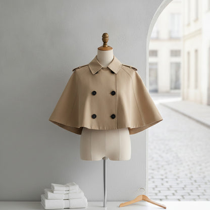 Manteau poncho trench pour femme à col cape, double boutonnage, revers court, manches courtes, coupe ample, style streetwear décontracté