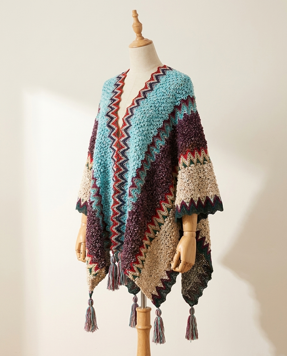Poncho Cape Femme Ethnique Tricoté – Châle Chaud Motifs Andins Hiver