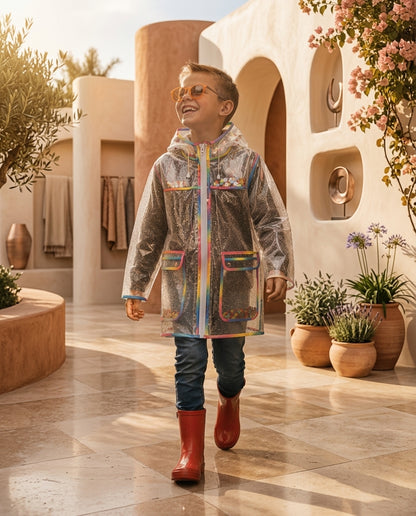 Poncho de Pluie Enfant à Capuche – Imperméable Transparent Arc-en-ciel