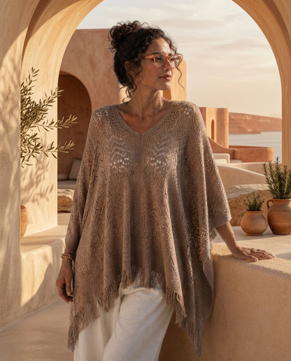Poncho Tricoté Femme à Franges – Châle Oversize Bohème en Coton