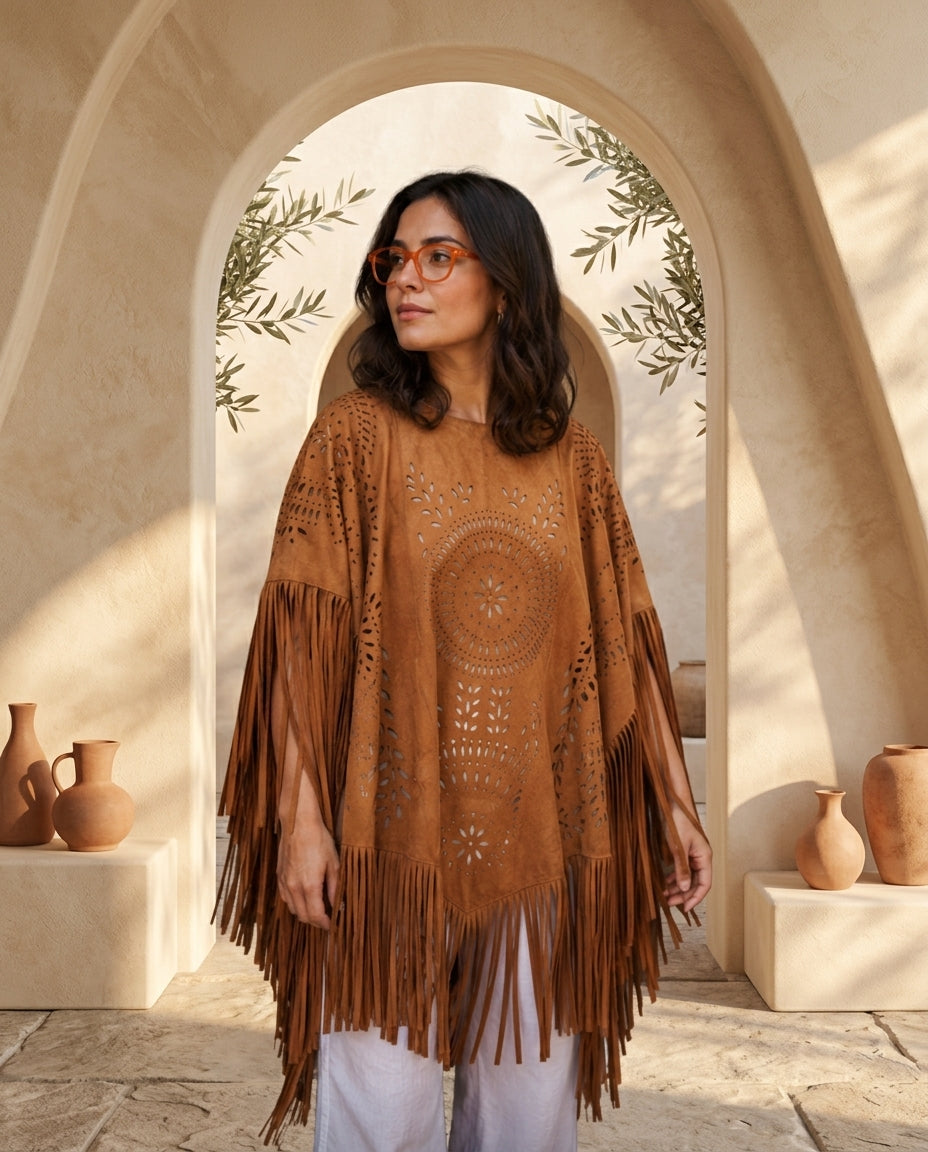 Poncho Châle Femme en Daim Floral – Cape Bohème Légère à Motifs