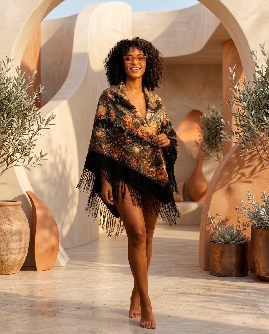 Poncho Châle Femme Ethnique à Franges – Cape Bohème Ample Mi-Saison