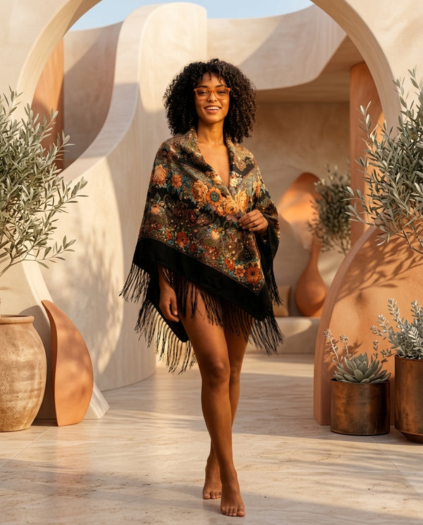 Poncho Châle Femme Ethnique à Franges – Cape Bohème Ample Mi-Saison
